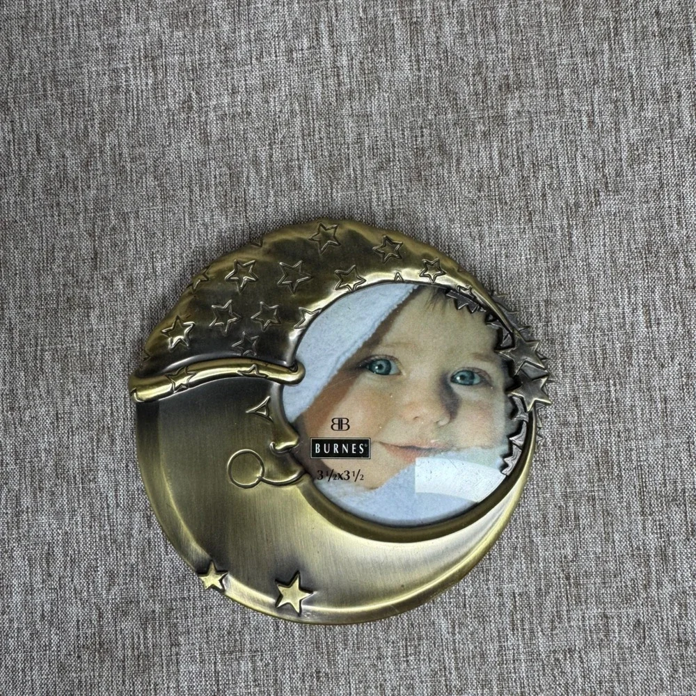 Brass Celestial Crescent Moon and Stars Metal Picture Frame 3.5x3.5